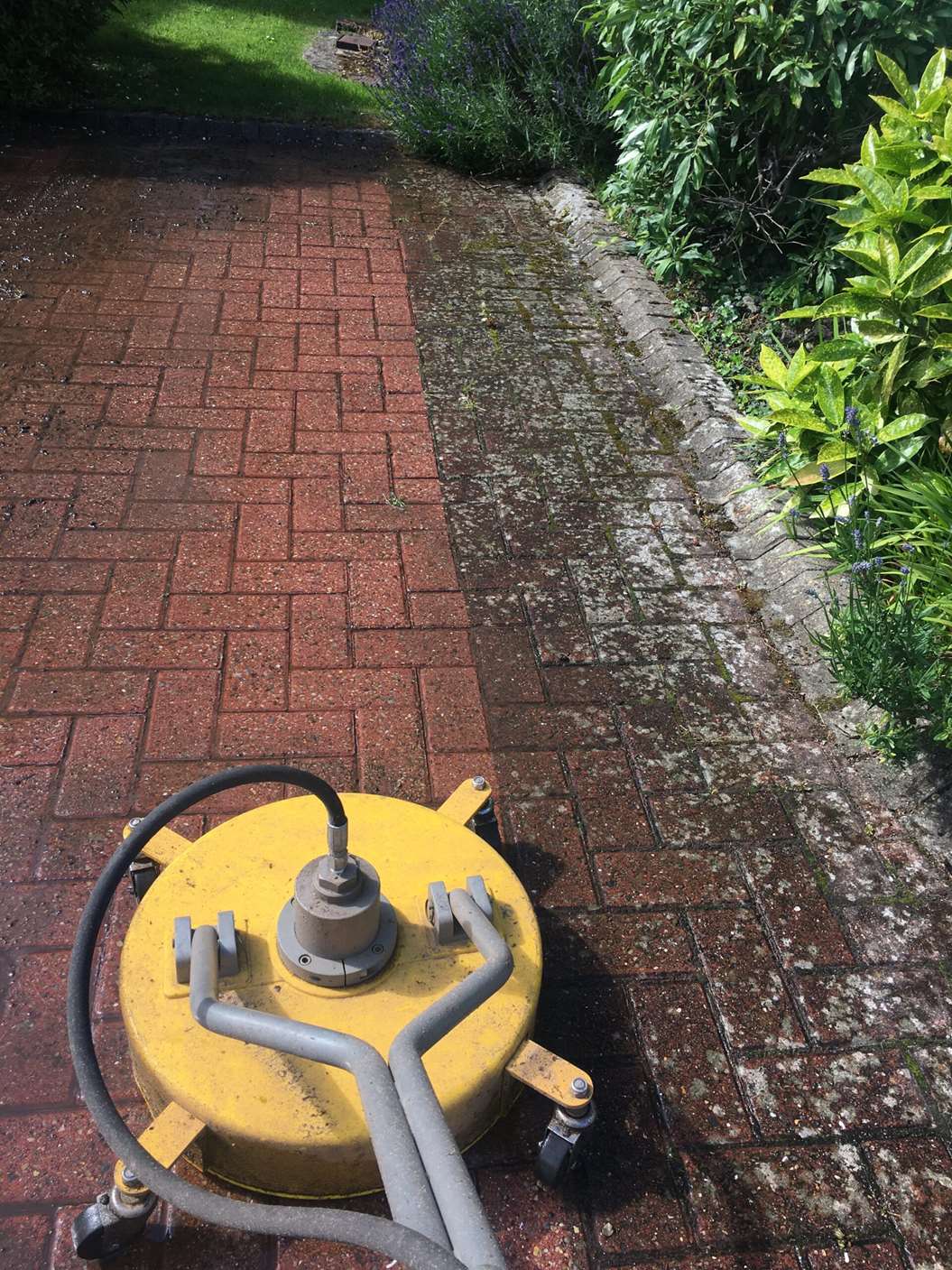 Red brick driveway demonstrating professional patio restoration.