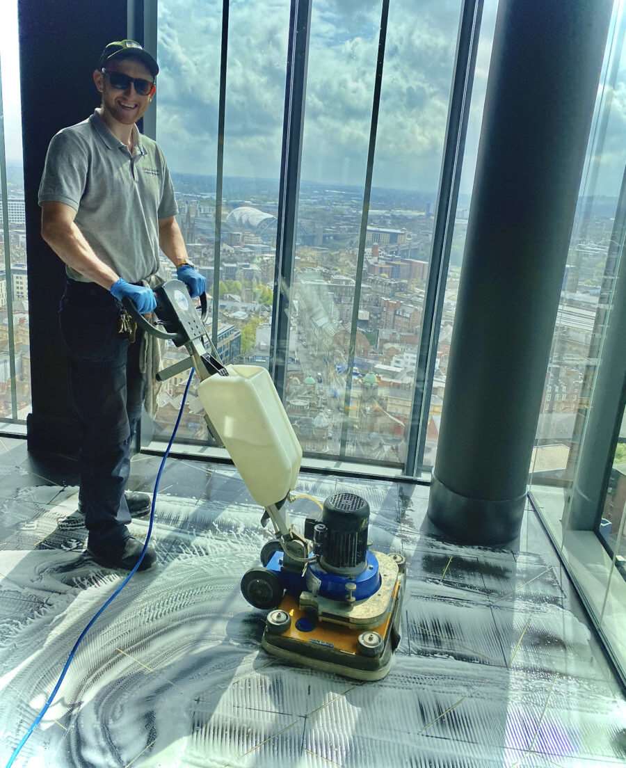Harry Dyson of Paul Dyson Commercial Floor Care completing commercial lvt cleaning