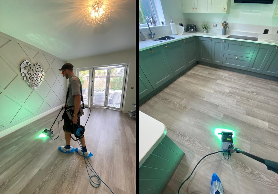 LEFT: Harry Dyson curing floor with UV light. RIGHT: Floor being cured with UV light.