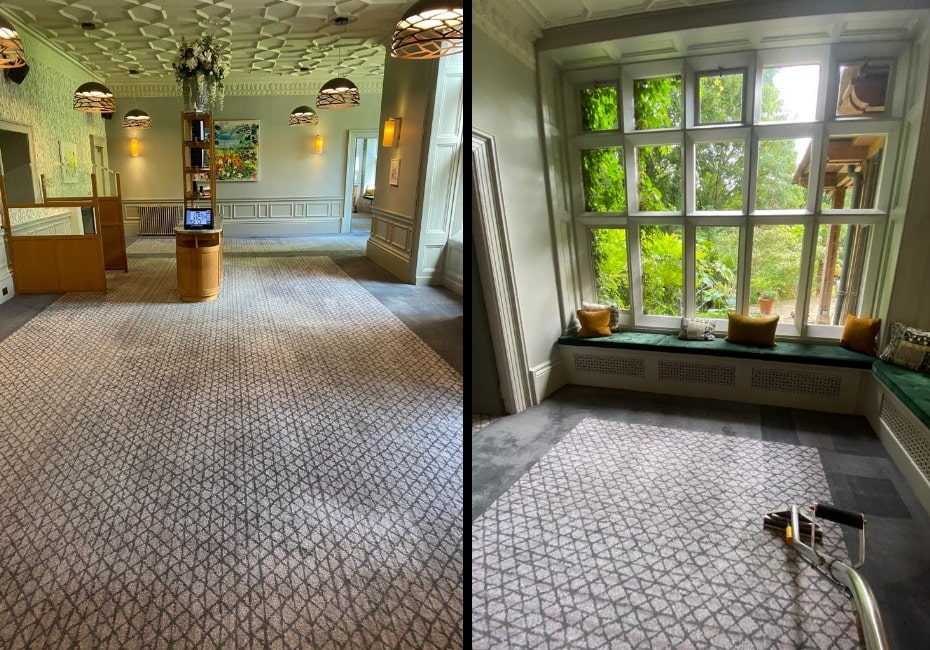 LEFT: dining room entryway. RIGHT: Dining room carpets being deep cleaned.