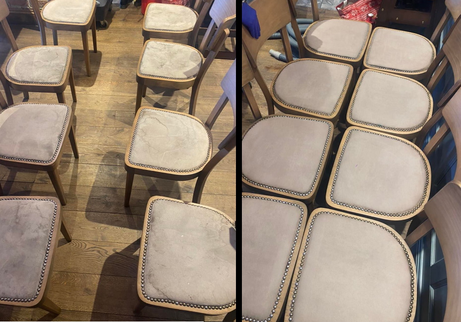 LEFT before image of Caffe Nero chairs, dirty. RIGHT After image of cleaned beige chairs
