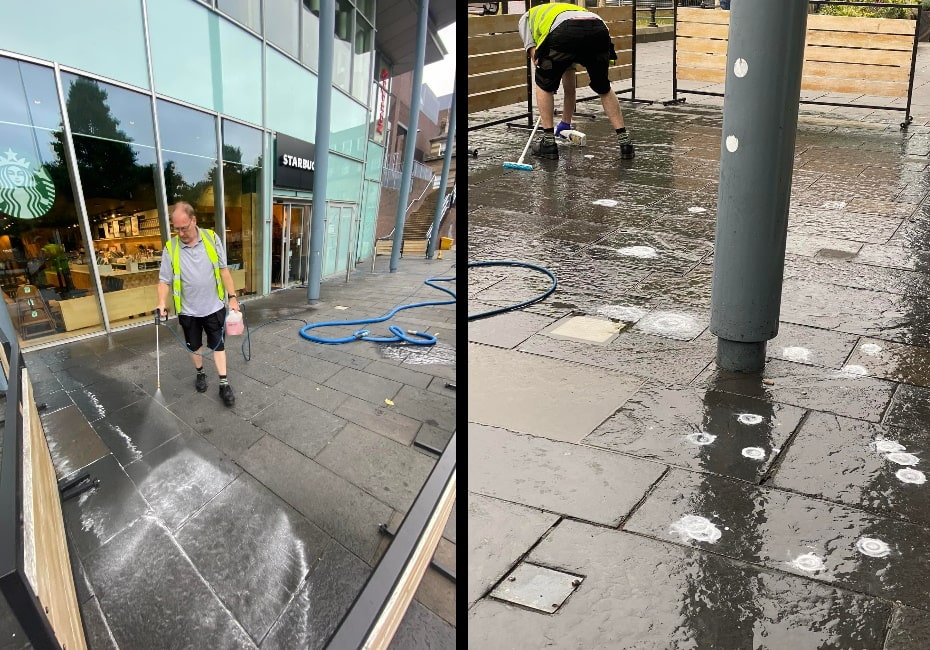 Combination of to photos - LEFT Paul Dyson spraying down the slate flooring outside starbucks. RIGHT Paul Dyson scraping chewing gum off the slate flooring.