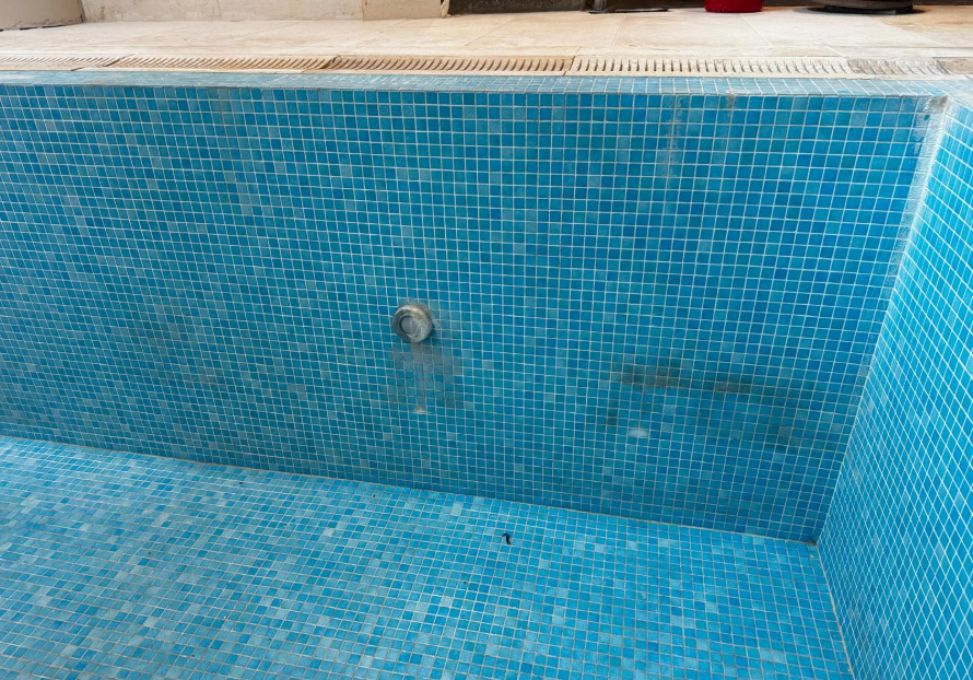 Pool tiles showing discolouration prior to cleaning