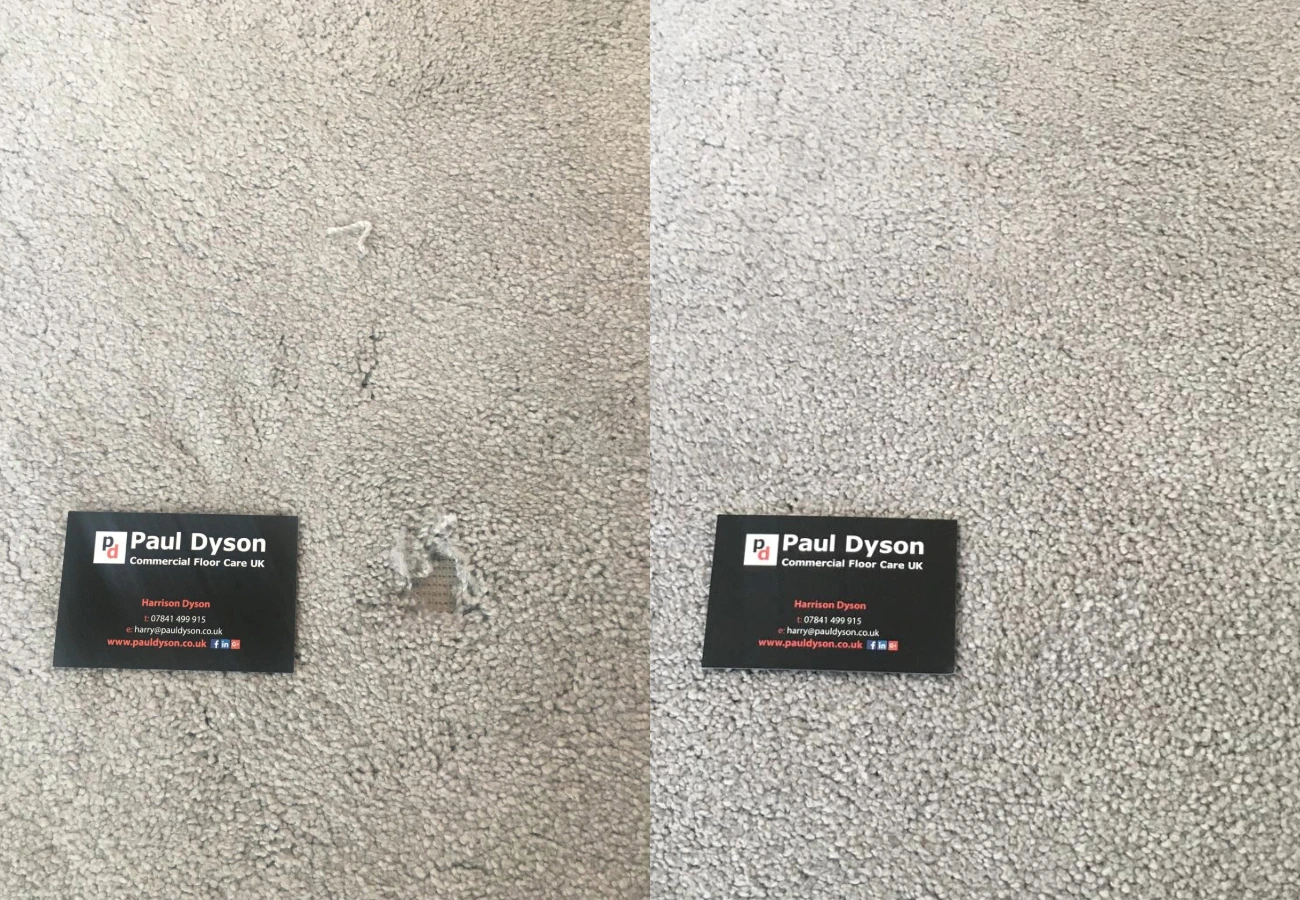 Before and after images of a carpet. The left image shows a dirty, stained carpet with a visible hole. The right image shows the same area of carpet after cleaning, appearing fresh and free of stains and the hole filled in.