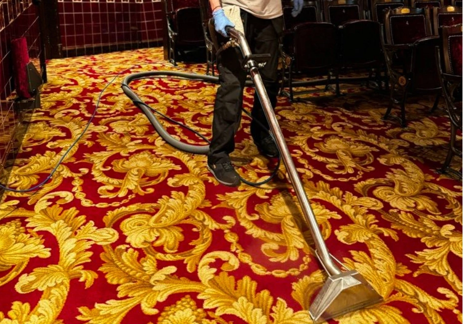 A Paul Dyson employee cleaning a plush red carpet with an ornate gold floral pattern.
