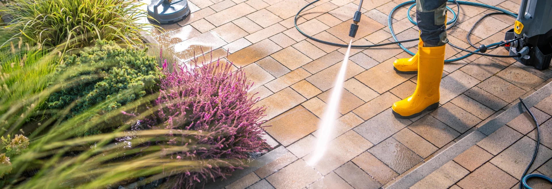 Person in yellow boots pressure washing a patio.