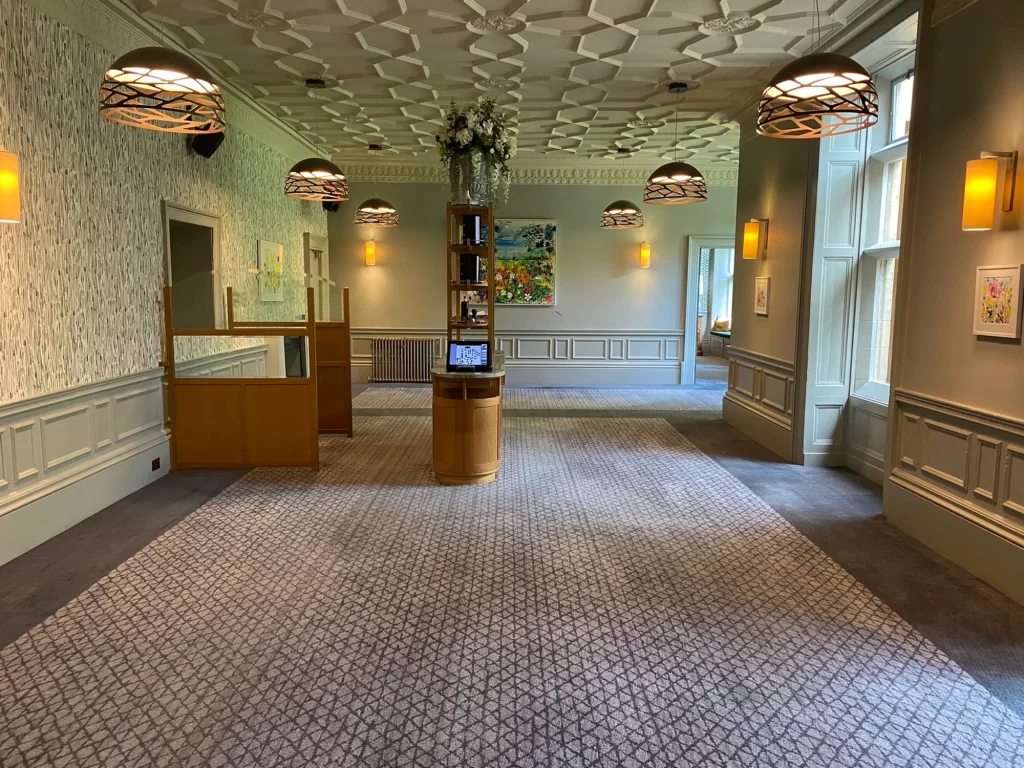 Freshly vacuumed carpet in elegant modern hotel corridor. 