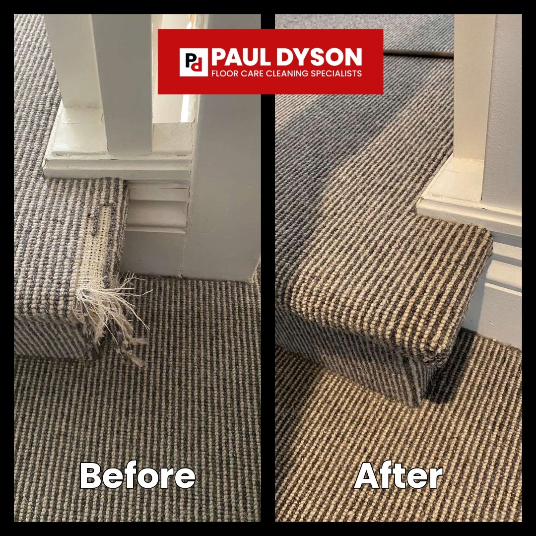 A before and after image showing a carpet repair on a stair landing, fixing a tear in at the base of a stair.