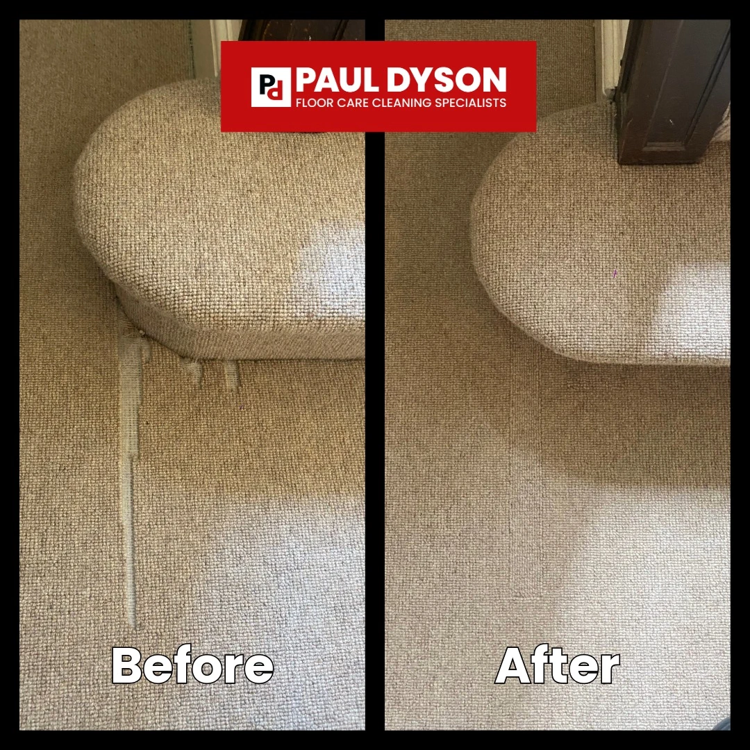 A before and after image showing the frayed edge of a carpeted staircase and the results of a professional carpet.