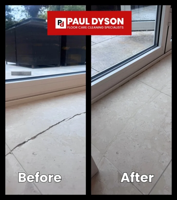 Before and after showing a crack in limestone flooring being filled in.