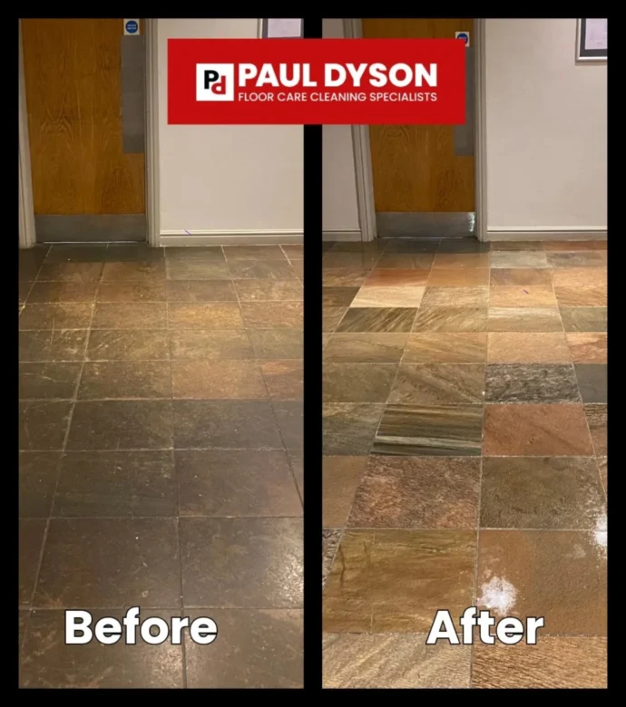 A stone floor before and after sealer removal and re-sealing.