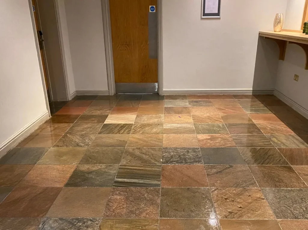 A natural stone floor with new sealer.